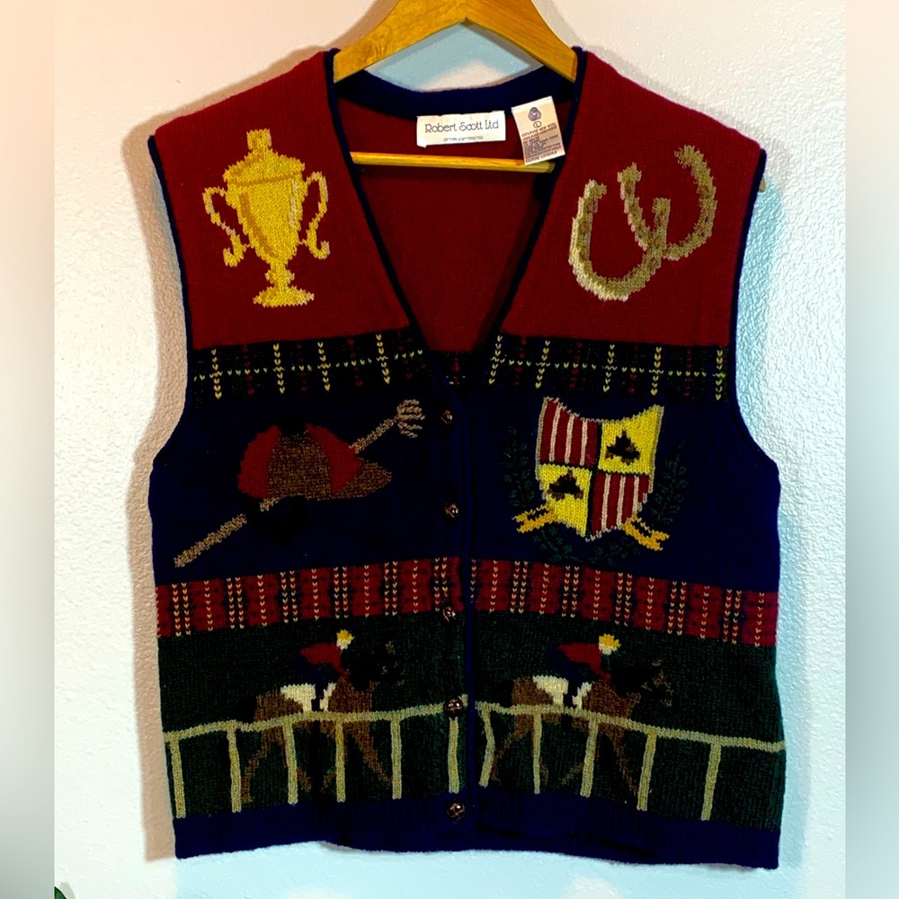 Equestrian Horse Polo Jockey Robert Scott Wool Knit Button Up Sweater Vest Sz L
